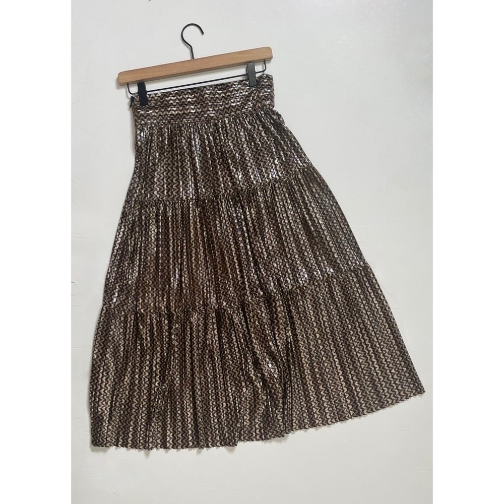 BA&SH Pleated Jupe Poly Midi Skirt Chevron Stripe Foil Metallic Tiered Size 6 - Picture 8 of 16